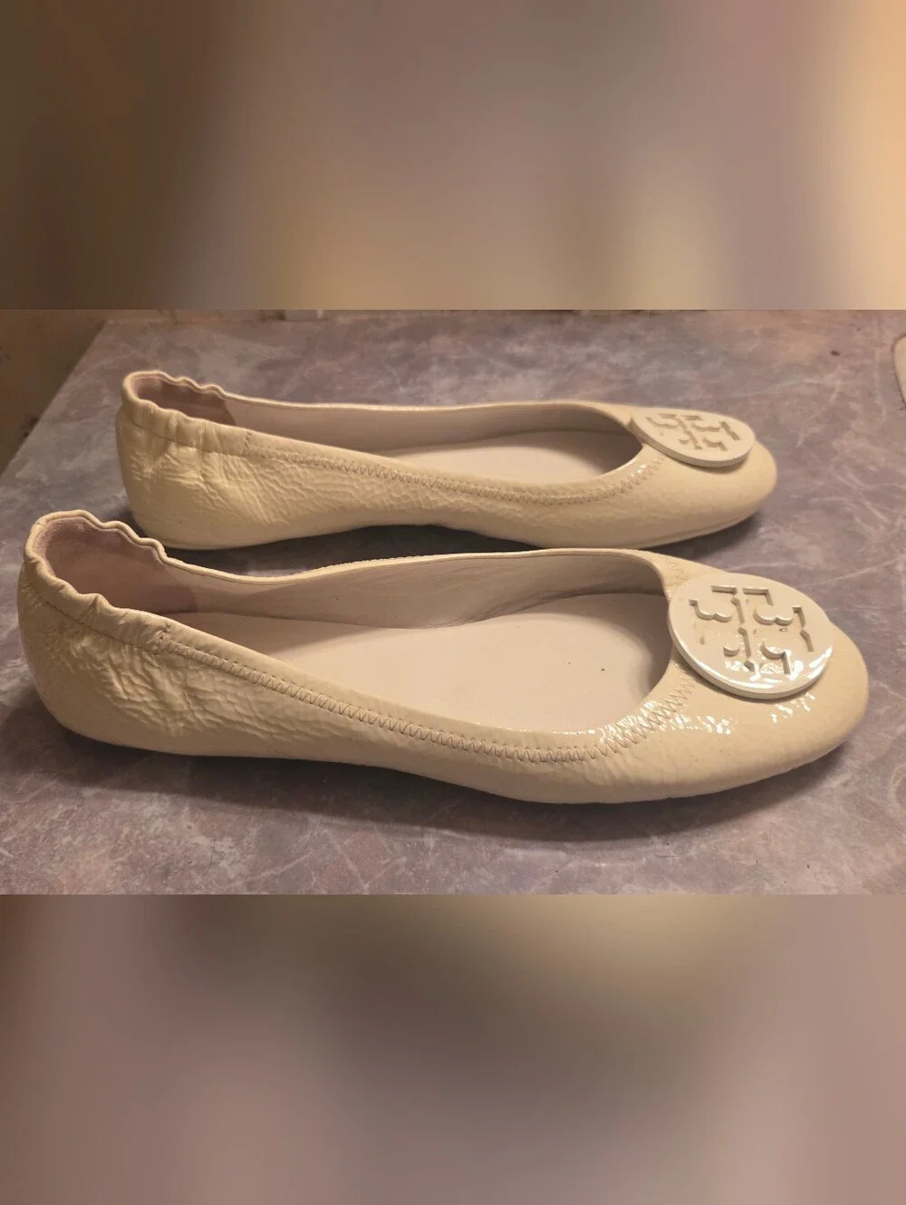 Tory Burch White Patent Leather Reva Logo Ballet Flats